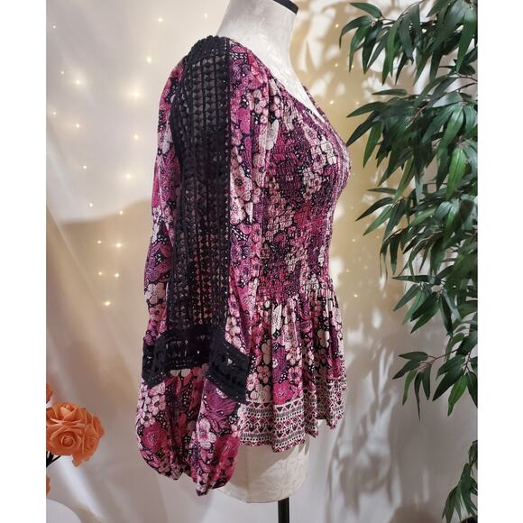 Vtg Angie Smocked Floral Crochet Balloon Sleeve Peplum Top Size XL Whimsygoth - Picture 2 of 11